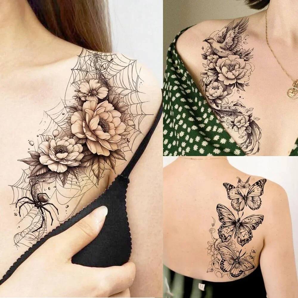 71 Sheets Rose Peony Flower Temporary Tattoos For Women Adults, Black Florals Ha